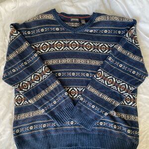Vintage Men's Blue Patterned Cotton Knit Sweater